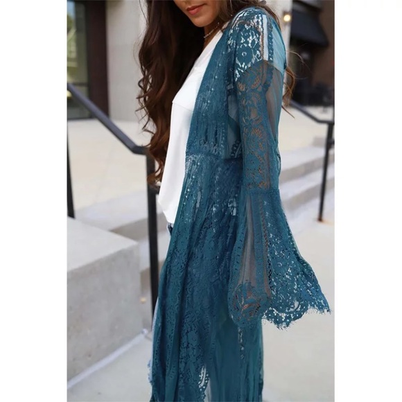 SOLD OUT Teal Eyelash Lace Bohemian Long Kimono Duster Wrap Coverup - Picture 5 of 5